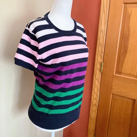Brooks Brothers Women’s 100% Supima Cotton Navy Blue Pink Green Striped Knit Top - Picture 2 of 6